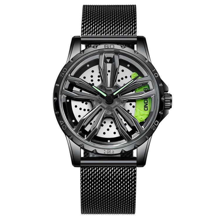 BINBOND D001 3D Hollow Motorcycle Rotating Wheel Watch, Color: Black Net-Black Steel-Green