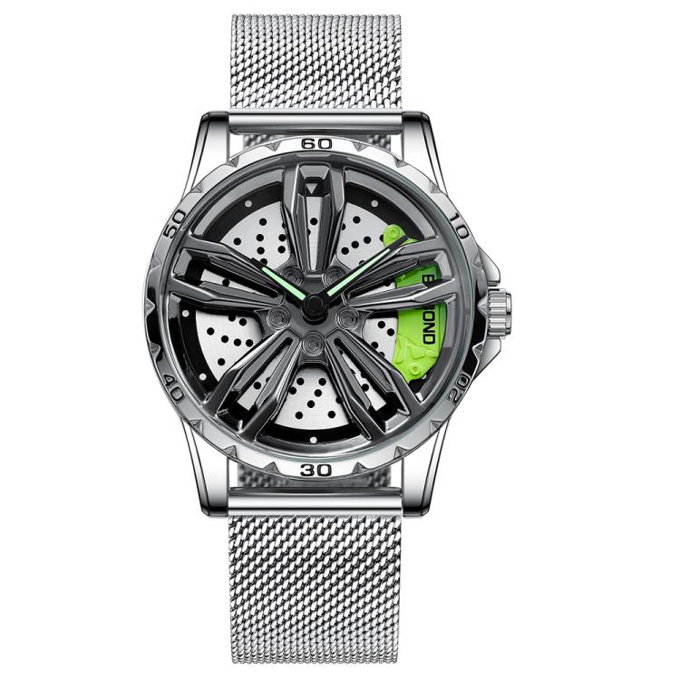 BINBOND D001 3D Hollow Motorcycle Rotating Wheel Watch, Color: White Net-White Steel-Green