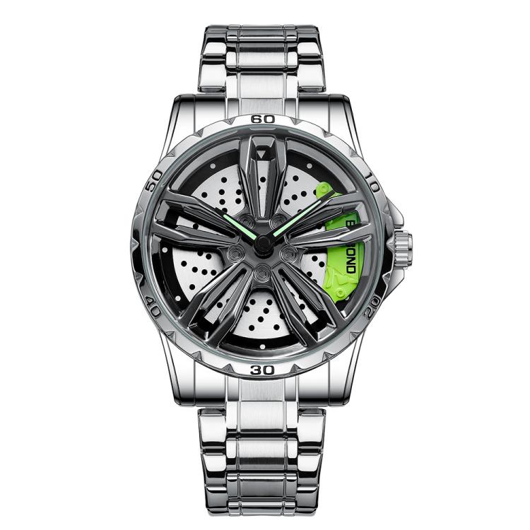 BINBOND D001 3D Hollow Motorcycle Rotating Wheel Watch, Color: White Steel-Green
