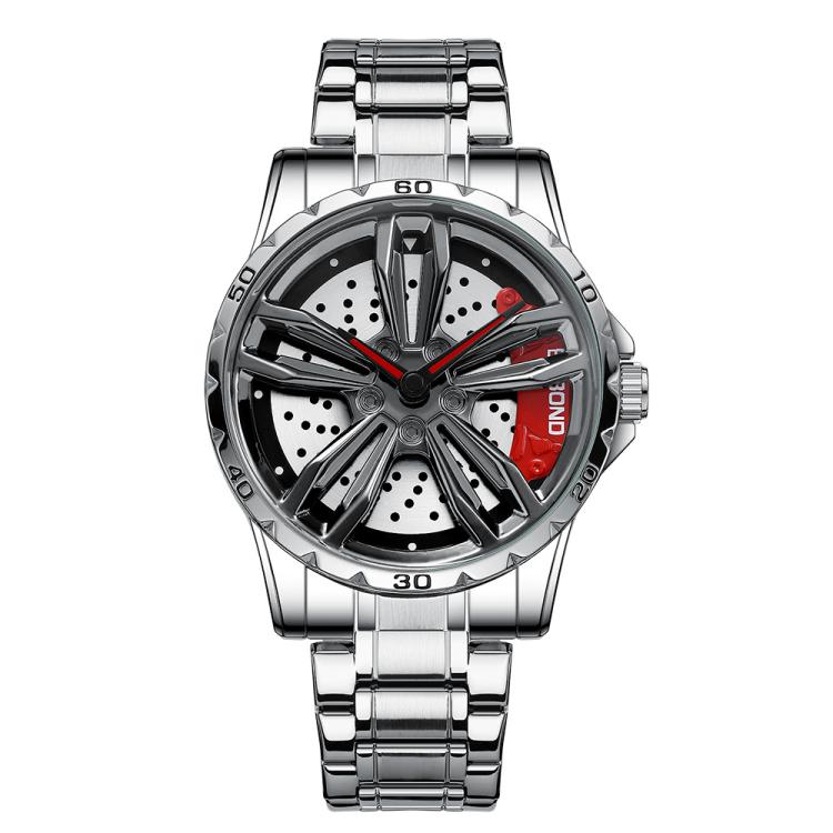 BINBOND D001 3D Hollow Motorcycle Rotating Wheel Watch, Color: White Steel-Red