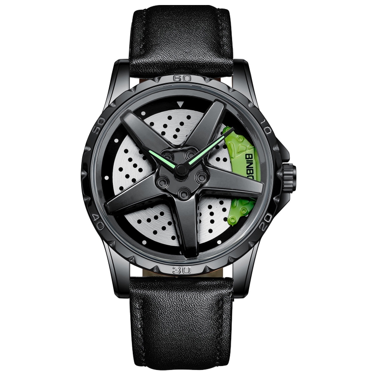BINBOND D002 Car Hub Dial Multifunctional Waterproof and Wear-resistant Men's Watch(Black Leather-Black-Green)