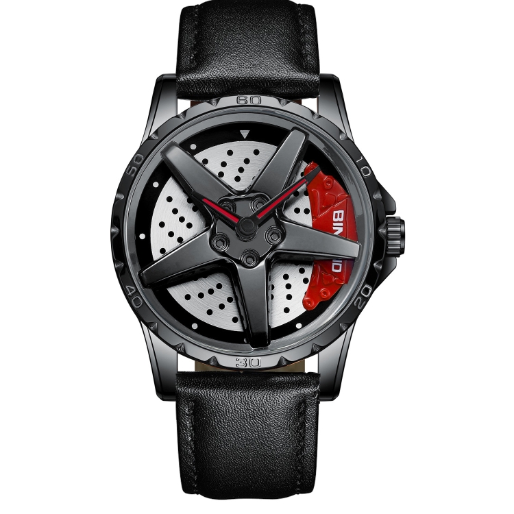 BINBOND D002 Car Hub Dial Multifunctional Waterproof and Wear-resistant Men's Watch(Black Leather-Black-Red)