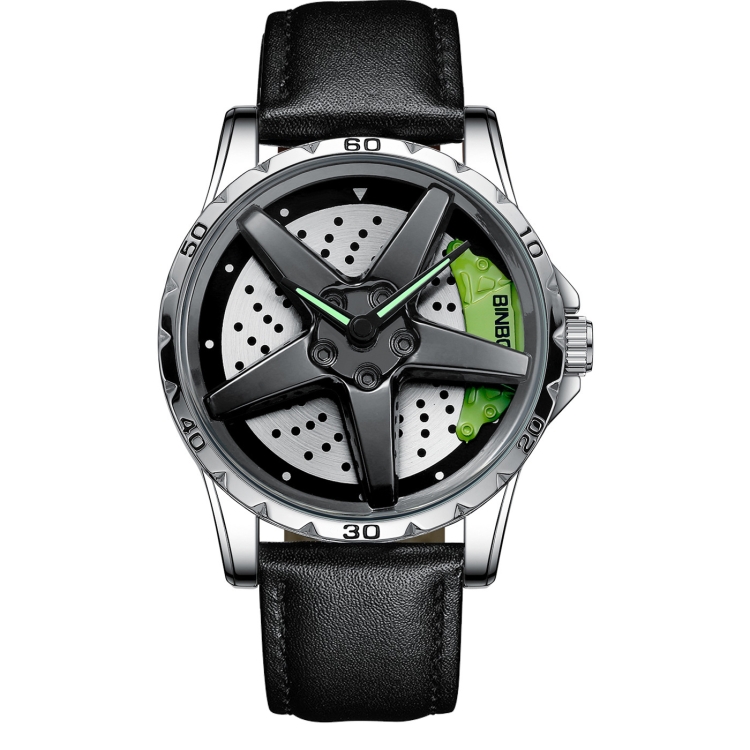 BINBOND D002 Car Hub Dial Multifunctional Waterproof and Wear-resistant Men's Watch(Black Leather-White-Green)