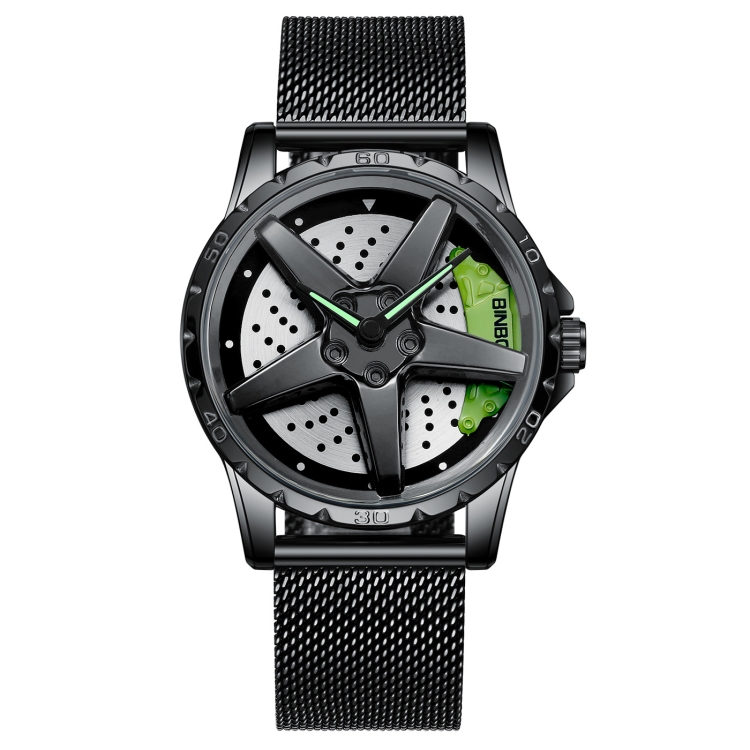 BINBOND D002 Car Hub Dial Multifunctional Waterproof and Wear-resistant Men's Watch(Black Net-Black-Green)
