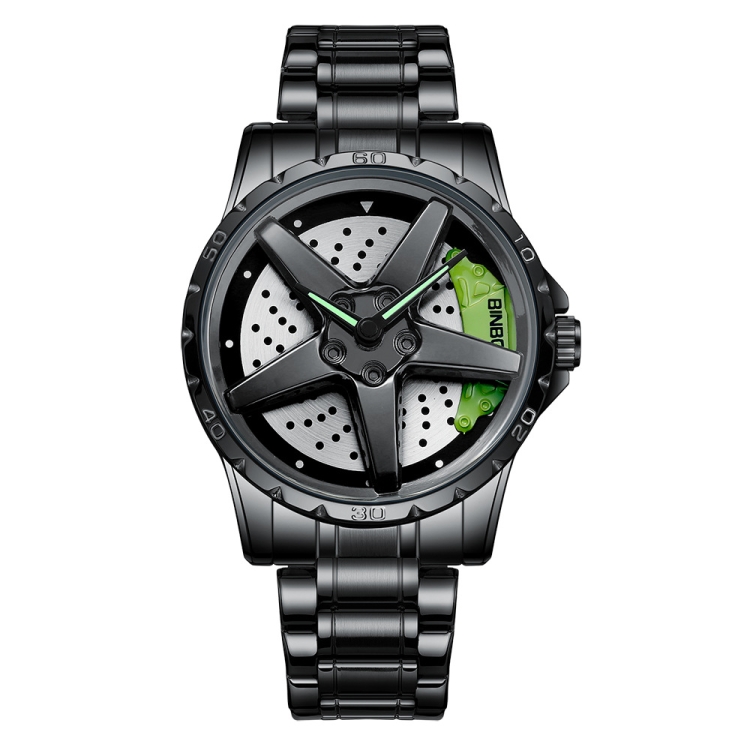 BINBOND D002 Car Hub Dial Multifunctional Waterproof and Wear-resistant Men's Watch(Black Steel-Green)