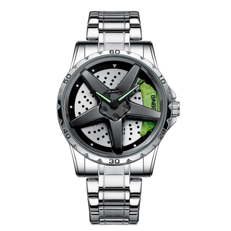 BINBOND D002 Car Hub Dial Multifunctional Waterproof and Wear-resistant Men's Watch(White Steel-Green)
