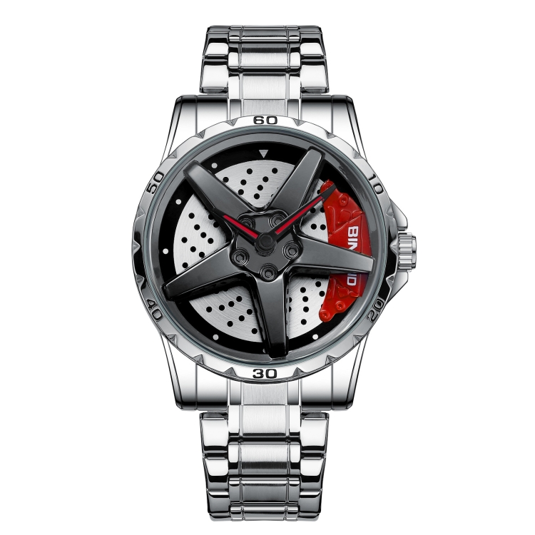 BINBOND D002 Car Hub Dial Multifunctional Waterproof and Wear-resistant Men's Watch(White Steel-Red)