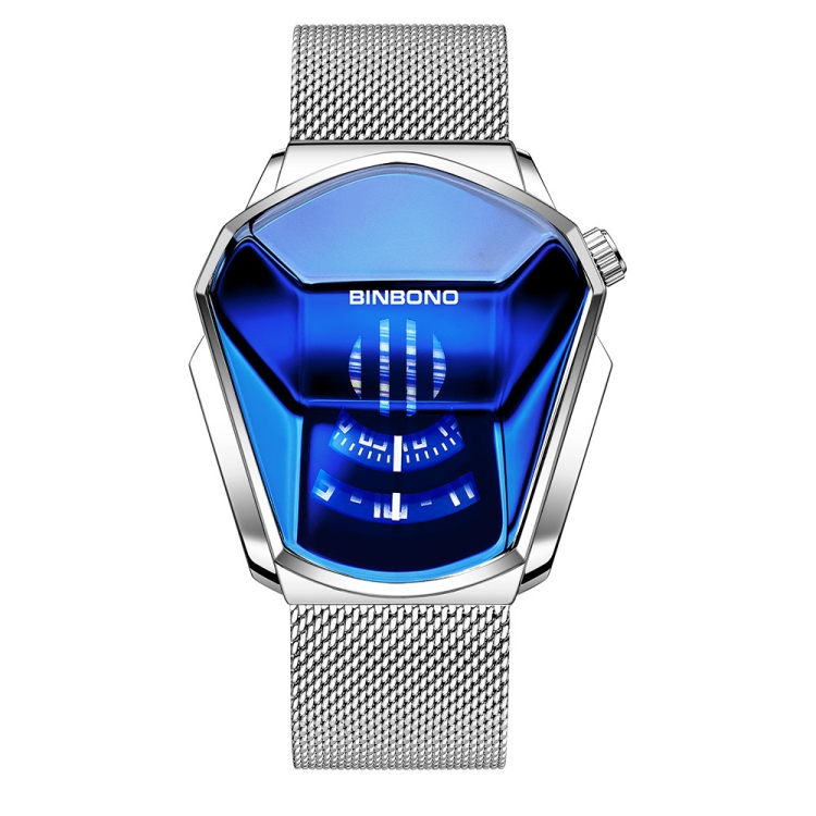 BINBOND Locomotive Concept Watch Men Live Black Technology Watch(White Net Belt-White Steel-Blue Face)