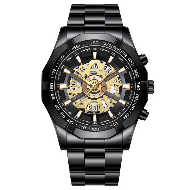 BINBOND S033 Hollowed Mechanical 30m Waterproof Luminous Quartz Watch, Color: Black Steel-Black-Gold