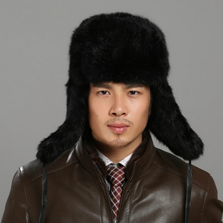 Black Autumn and Winter Thick Warm Rabbit Fur Bomber Hat Flight Hat for Men, Hat Size:XL