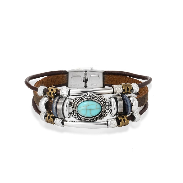 Bohemian Turquoise Natural Stone Sweater Vintage Pendant, Model: Leather Bracelet