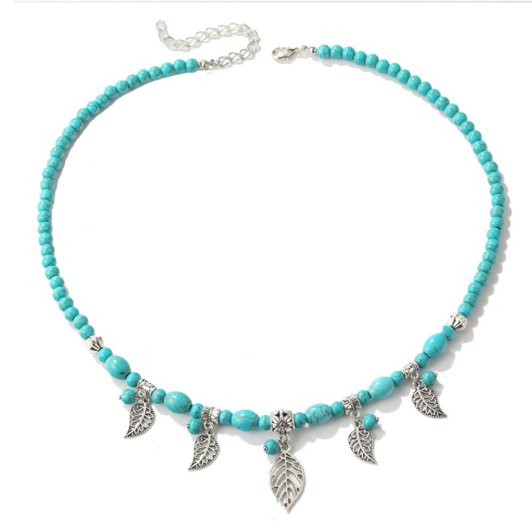 Bohemian Turquoise Natural Stone Sweater Vintage Pendant, Model: N2203-15 Leaf Model
