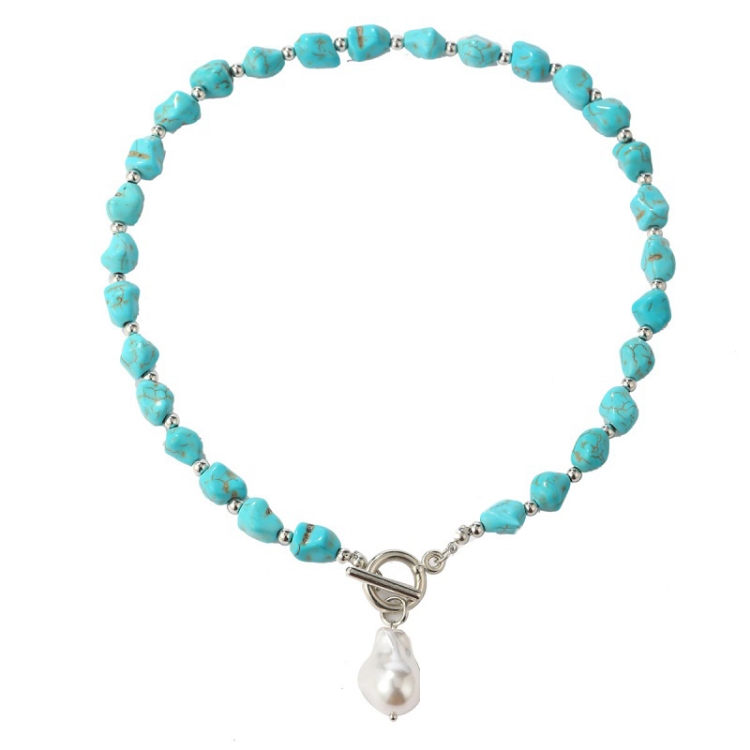Bohemian Turquoise Natural Stone Sweater Vintage Pendant, Model: N2203-17 Pearl Model