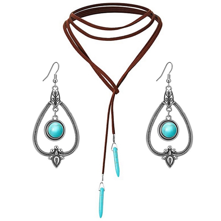Bohemian Turquoise Natural Stone Sweater Vintage Pendant, Model: Necklace Ear Ring Set