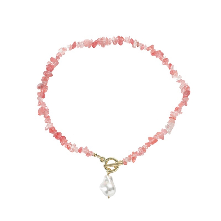 Boho Colorful Broken Natural Stone Necklace, Model: N2206-8 Pink Stone