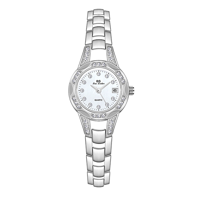 BS Bee Sister FA1679 Ladies Diamond Chain Watch Cute Small Round Watch With Calendar(Silver)