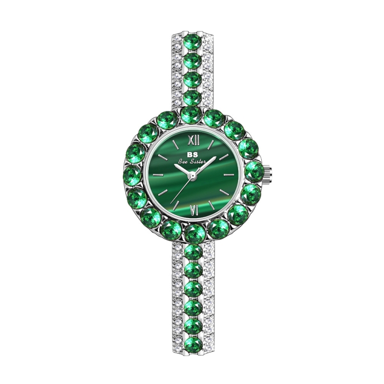 BS Bee Sister FA1698 Ladies Simple Temperament Retro Malachite Texture Small Green Watch(Silver)