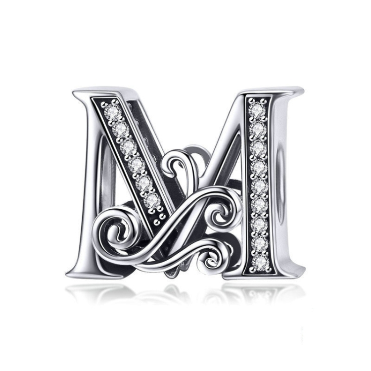 BSC030 26 Letters DIY Bracelet Beaded Accessories Zircon Silver Beads, Style: M