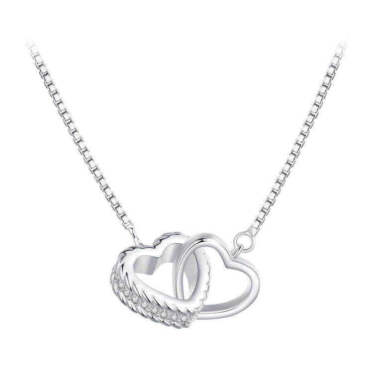 BSN339 Sterling Silver S925 White Gold Plated Zircon Dual Ring Heart Interlocking Necklace