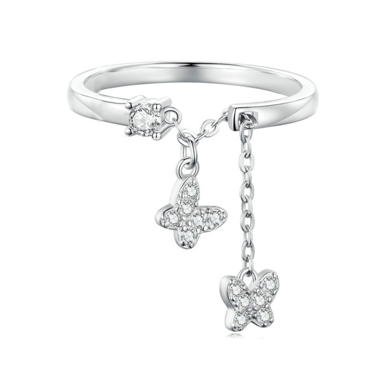 BSR349 Sterling Silver S925 Butterfly Chain Open Zircon Plated Gold Ring