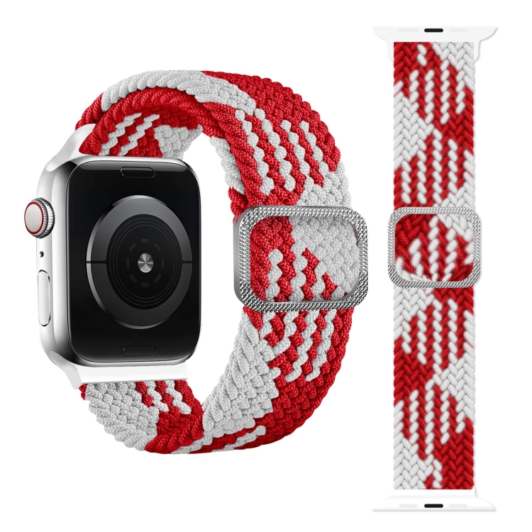 Buckle Braided Elastic Strap Watch Band For Apple Watch Series 7 45mm / 6 & SE & 5 & 4 44mm / 3 & 2 & 1 42mm(Red and White)