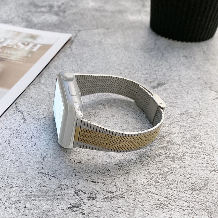Buckle Style Steel Watch Band For Apple Watch Series 9&8&7 41mm / SE 3&SE 2&6&SE&5&4 40mm / 3&2&1 38mm(Silver Gold)