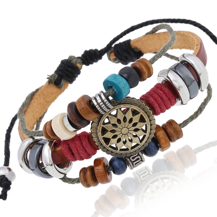 BX016 Retro Personality Leather Beaded Bracelet(Light Brown Leather+Bronze Accessories)