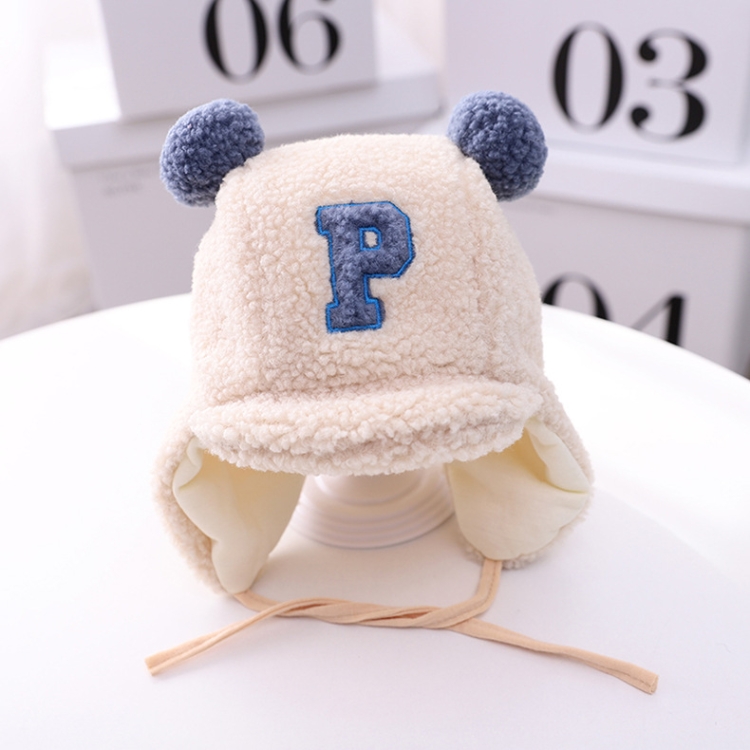 C0183 Letter Lamb Velvet Children Bomber Cap Warm Baby Hat with Cotto, Size: Around 50cm(Beige and Blue Letters)