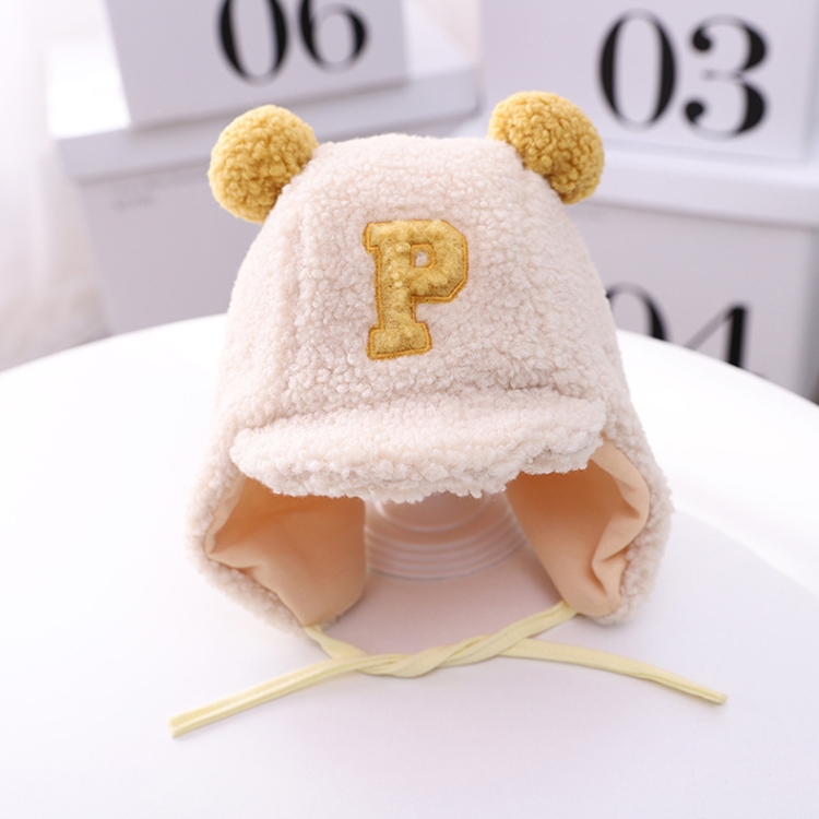 C0183 Letter Lamb Velvet Children Bomber Cap Warm Baby Hat with Cotto, Size: Around 50cm(Beige and Yellow Letters)