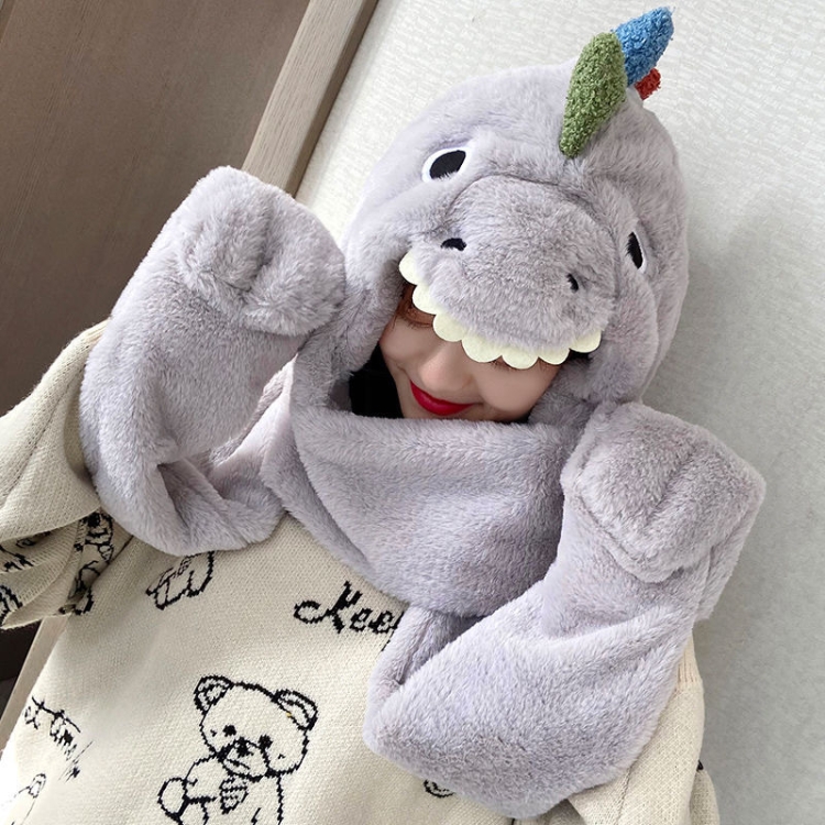 C0215 Adult Dinosaur Cartoon Velvet Hat Thickened Warm Scarf Hat, Size: One Size(Gray)
