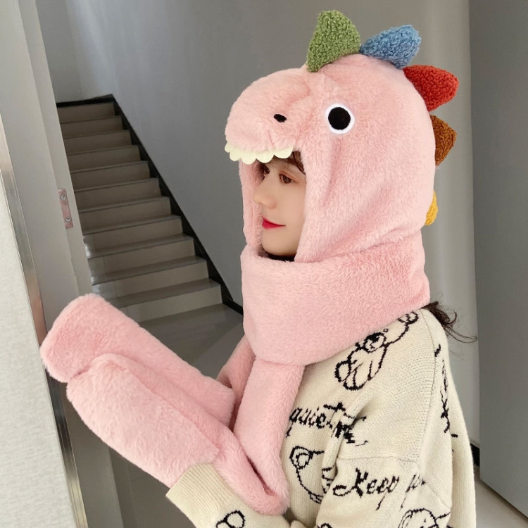 C0215 Adult Dinosaur Cartoon Velvet Hat Thickened Warm Scarf Hat, Size: One Size(Pink)