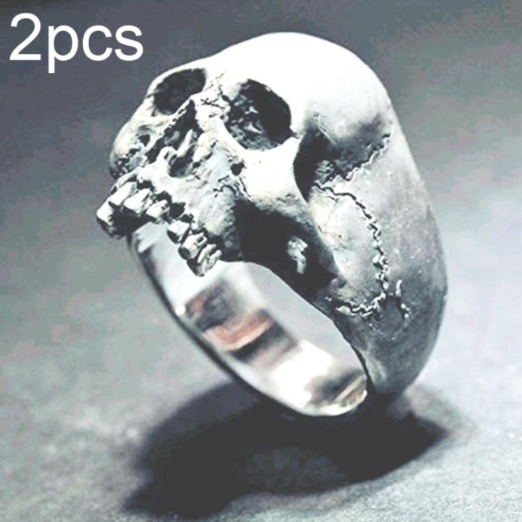 C56213 2pcs Punk Vintage Skull Ring Horror Skull Ring Men Gift, Size: 14(Silver)