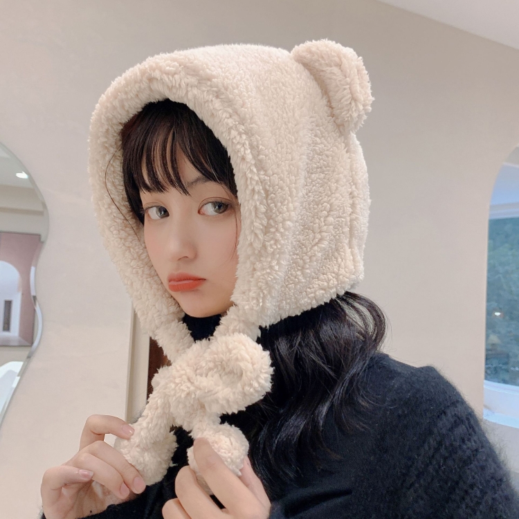 Cartoon Bear Ear Tether Hat Winter Warm Plush Bomber Hat for Women, Size: Free Size(Beige)