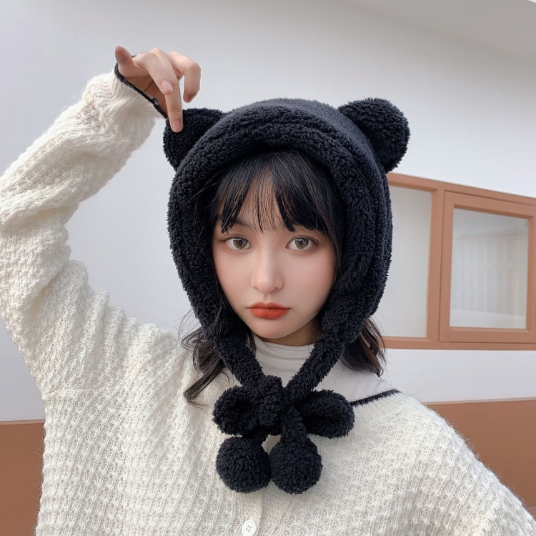 Cartoon Bear Ear Tether Hat Winter Warm Plush Bomber Hat for Women, Size: Free Size(Black)