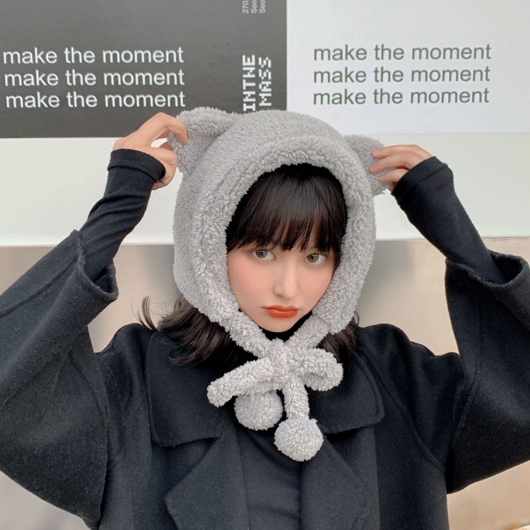 Cartoon Bear Ear Tether Hat Winter Warm Plush Bomber Hat for Women, Size: Free Size(Grey)