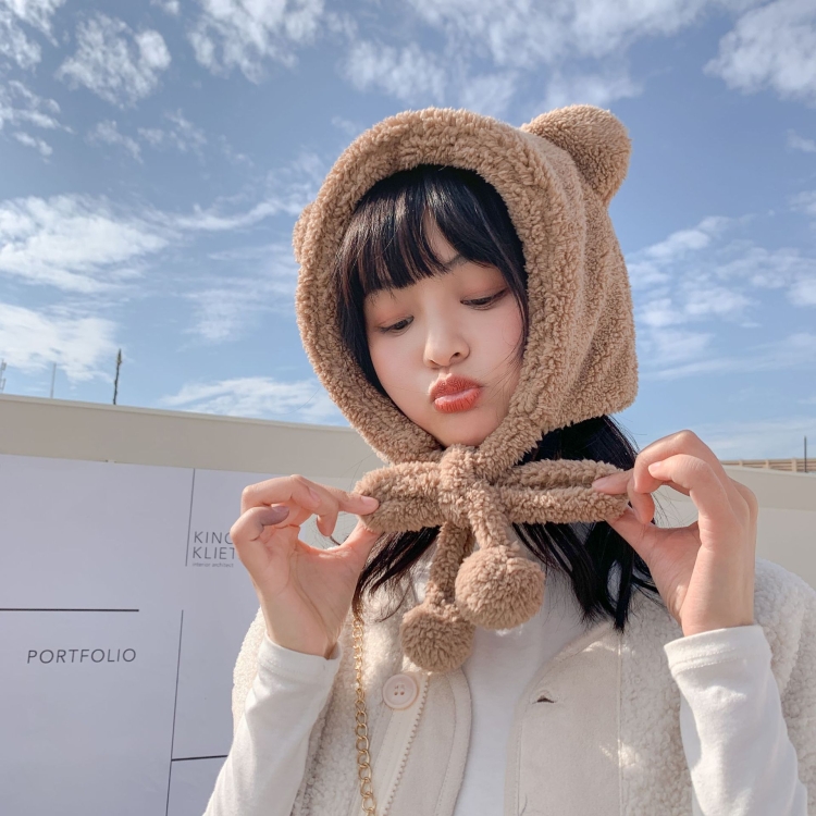 Cartoon Bear Ear Tether Hat Winter Warm Plush Bomber Hat for Women, Size: Free Size(Khaki)