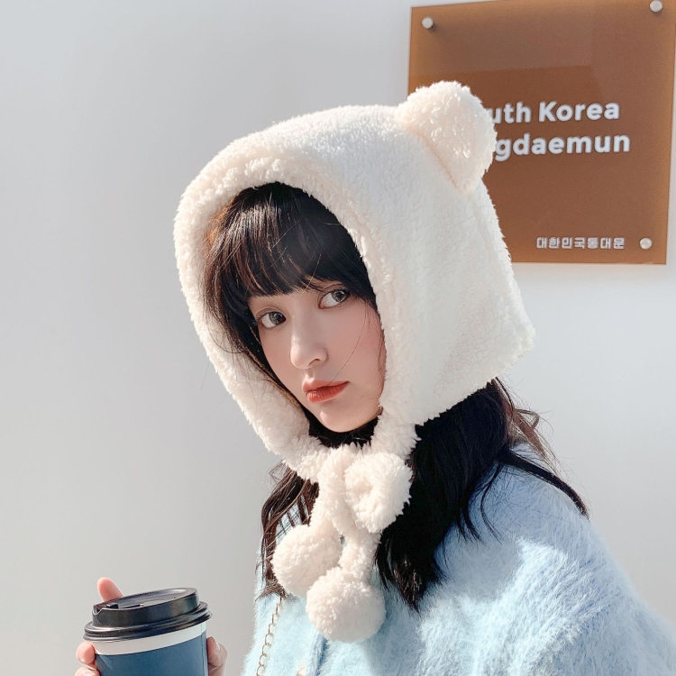 Cartoon Bear Ear Tether Hat Winter Warm Plush Bomber Hat for Women, Size: Free Size(White)