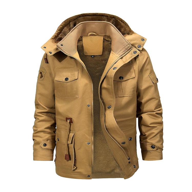 Casual Belt Zipper Thickened Side Seam Pocket Windbreaker, Size: XL(Khaki)
