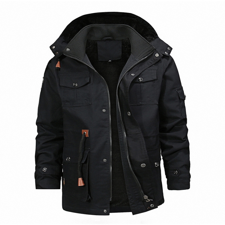 Casual Belt Zipper Thickened Side Seam Pocket Windbreaker, Size: XXL(Black)