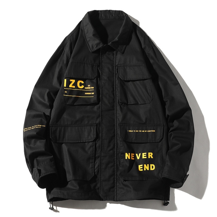 Casual Letters Print Long Sleeve Shirt Jacket for Men (Color:Black Size:L)