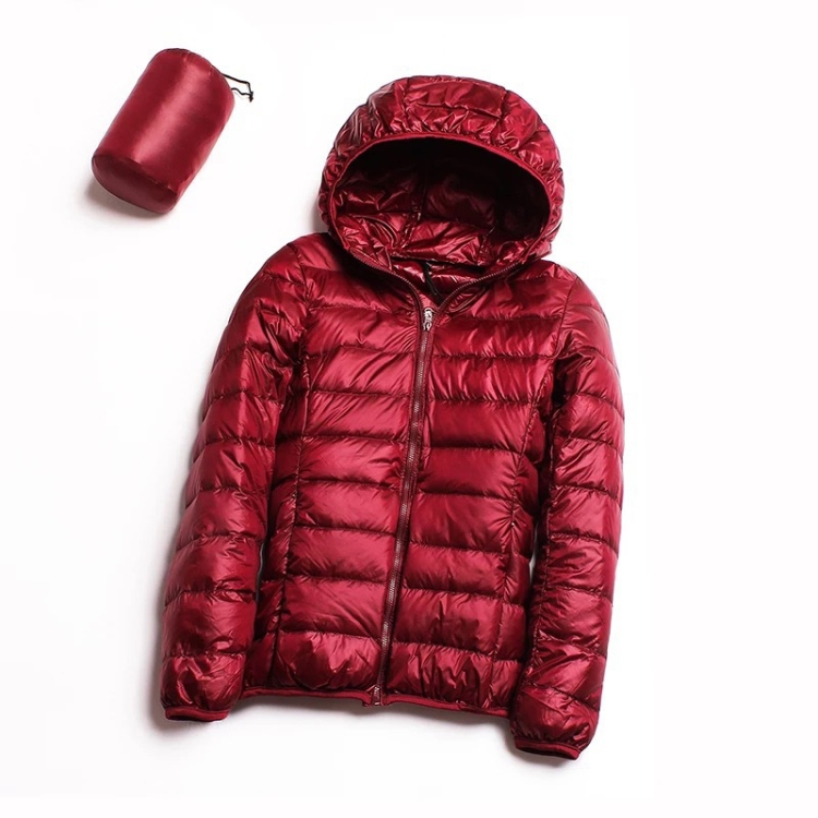 Casual Ultra Light White Duck Down Jacket Women Autumn Winter Warm Coat Hooded Parka, Size:L(Wine Red)