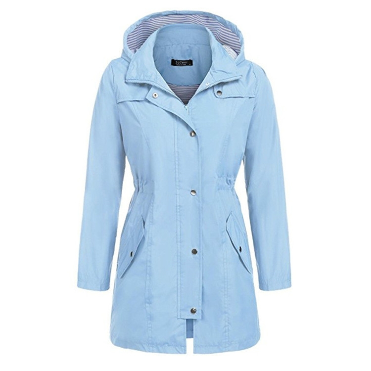Casual Women Waterproof Waist Hooded Long Coat, Size:L (Sky Blue)
