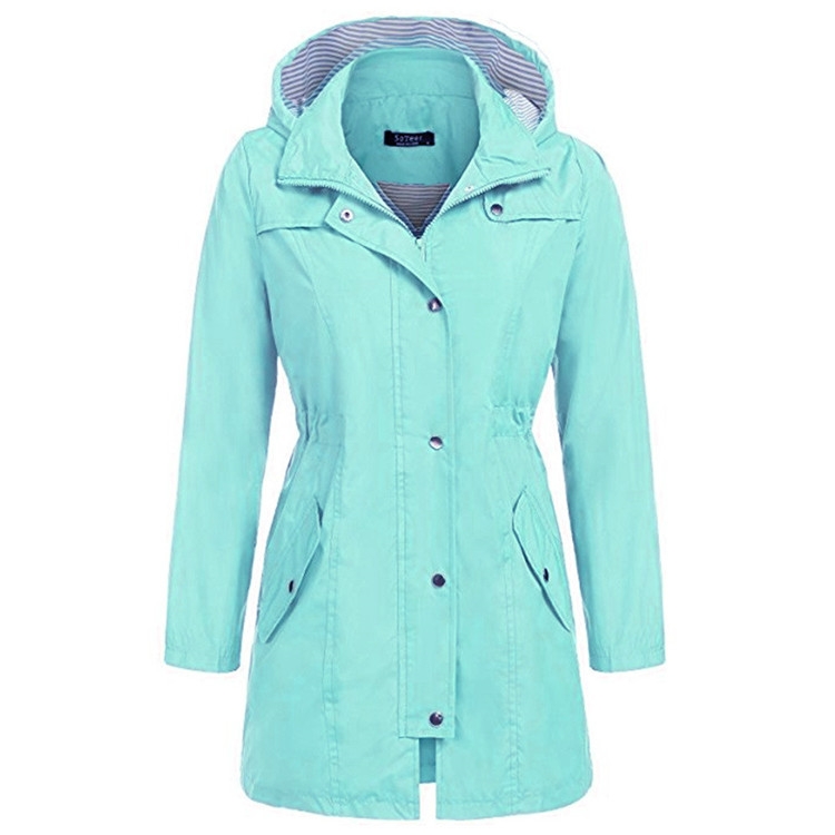 Casual Women Waterproof Waist Hooded Long Coat, Size:L (Water Blue)