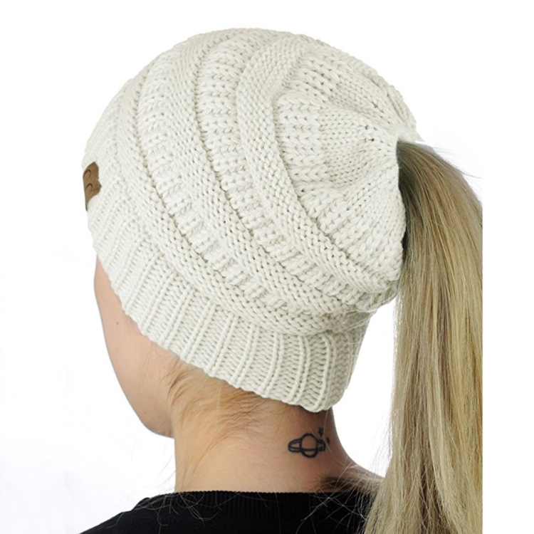 CC Letter Ponytail Cap Knitting Hat for Ladies(White)