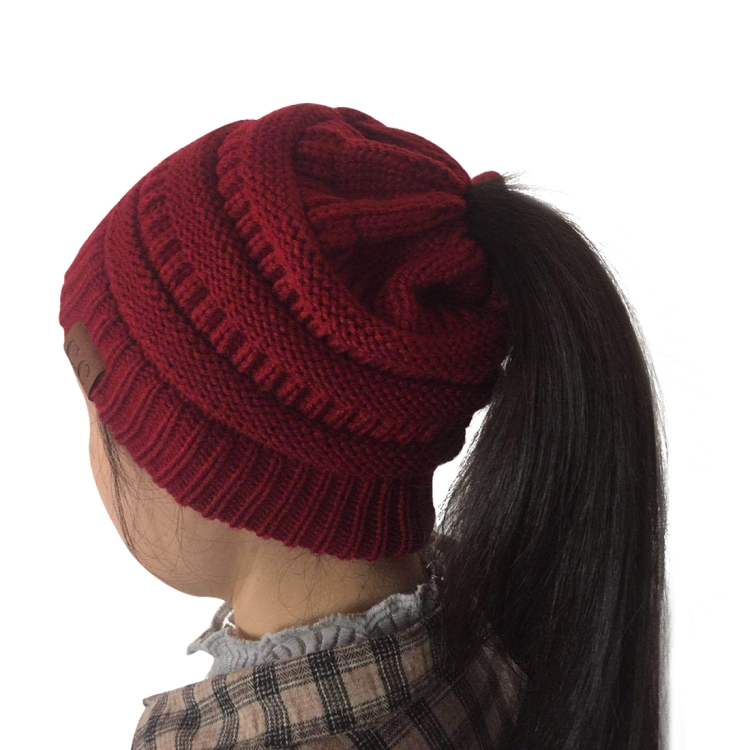 CC Letter Ponytail Cap Knitting Hat for Ladies(Wine Red)