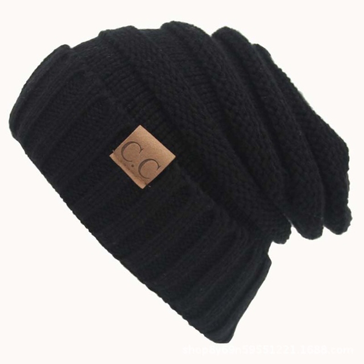 CC Letter Solid Color Wool Hats Concise Knitting Hat(Black)