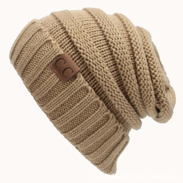 CC Letter Solid Color Wool Hats Concise Knitting Hat(Khaki)