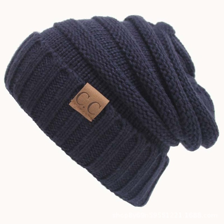 CC Letter Solid Color Wool Hats Concise Knitting Hat(Navy Blue)