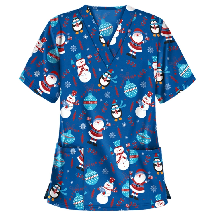 Christmas Print Short-sleeved Pocket T-shirt Nurse Uniform (Color:1 Size:L)