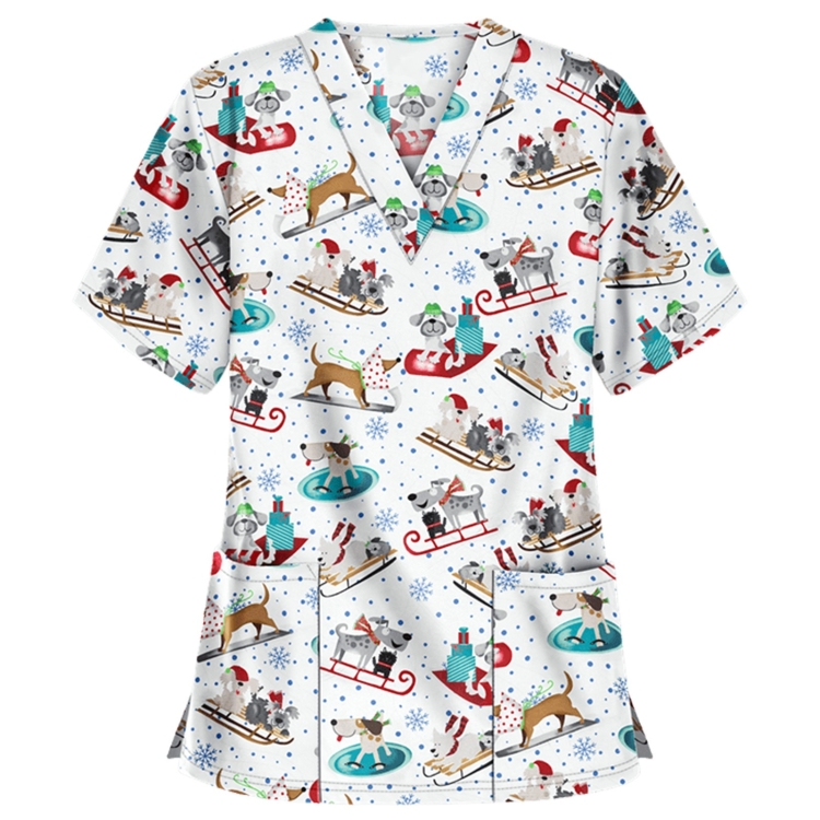 Christmas Print Short-sleeved Pocket T-shirt Nurse Uniform (Color:2 Size:S)